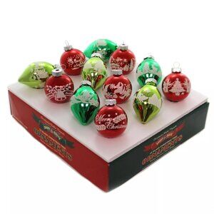 Shiny Brite Holiday Splendor Round Tulip Red Green Flocked Ornament Set 12 1.75"
